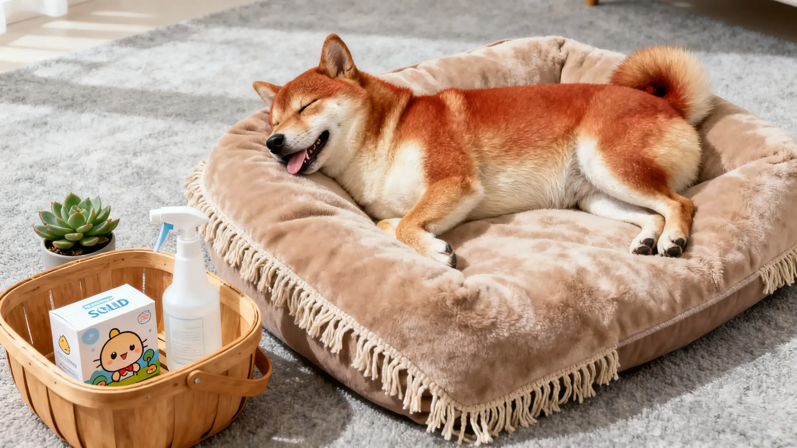 A cute Shiba Inu resting on a freshly cleaned dog bed, with pet-safe cleaning supplies nearby, illustrating the topic of how to wash a dog bed.