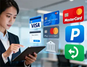 Illustration showing different payment methods for wholesale dog products, including bank transfer, PayPal, and credit card options for global distributors.